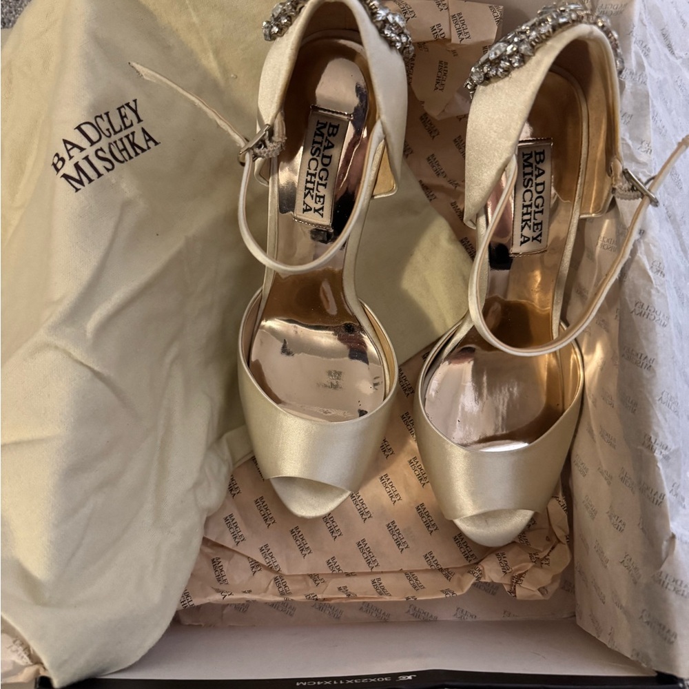 Badgley Mischka Satin Peep-Toe Heels with Embellishments